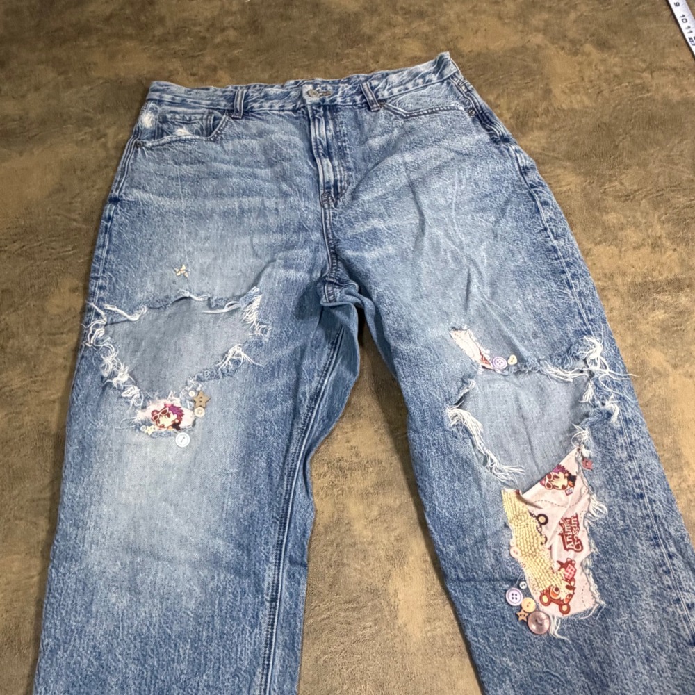 American Eagle Curvy Mom Jeans Womens 14 Blue Custom Animal Crossing Distressed